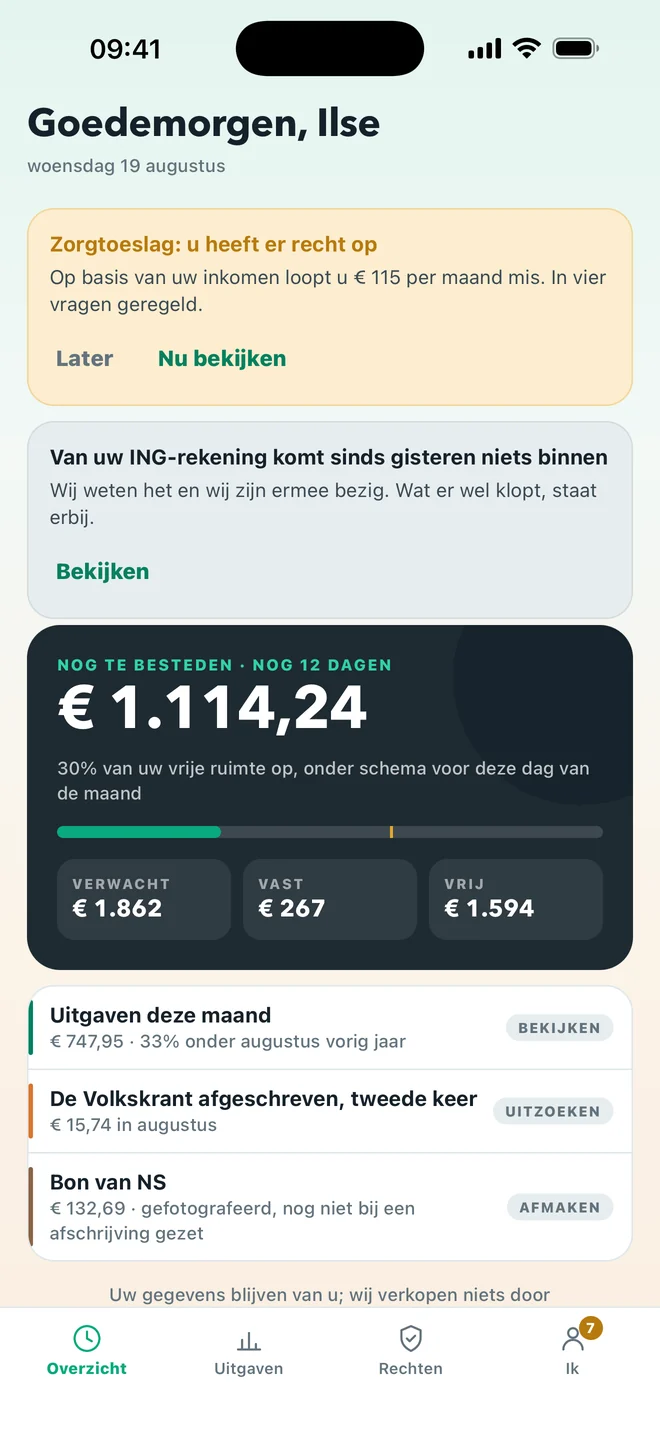 Het overzicht in de app: wat er deze maand nog te besteden is, een zorgtoeslag die u misloopt en de uitgaven van deze maand.